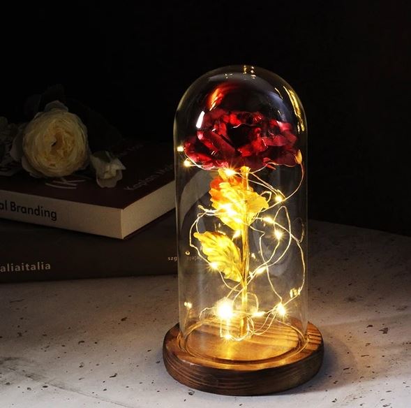 Artificial Eternal Rose LED Light In Glass Cover Home Decor For Valentine's Day